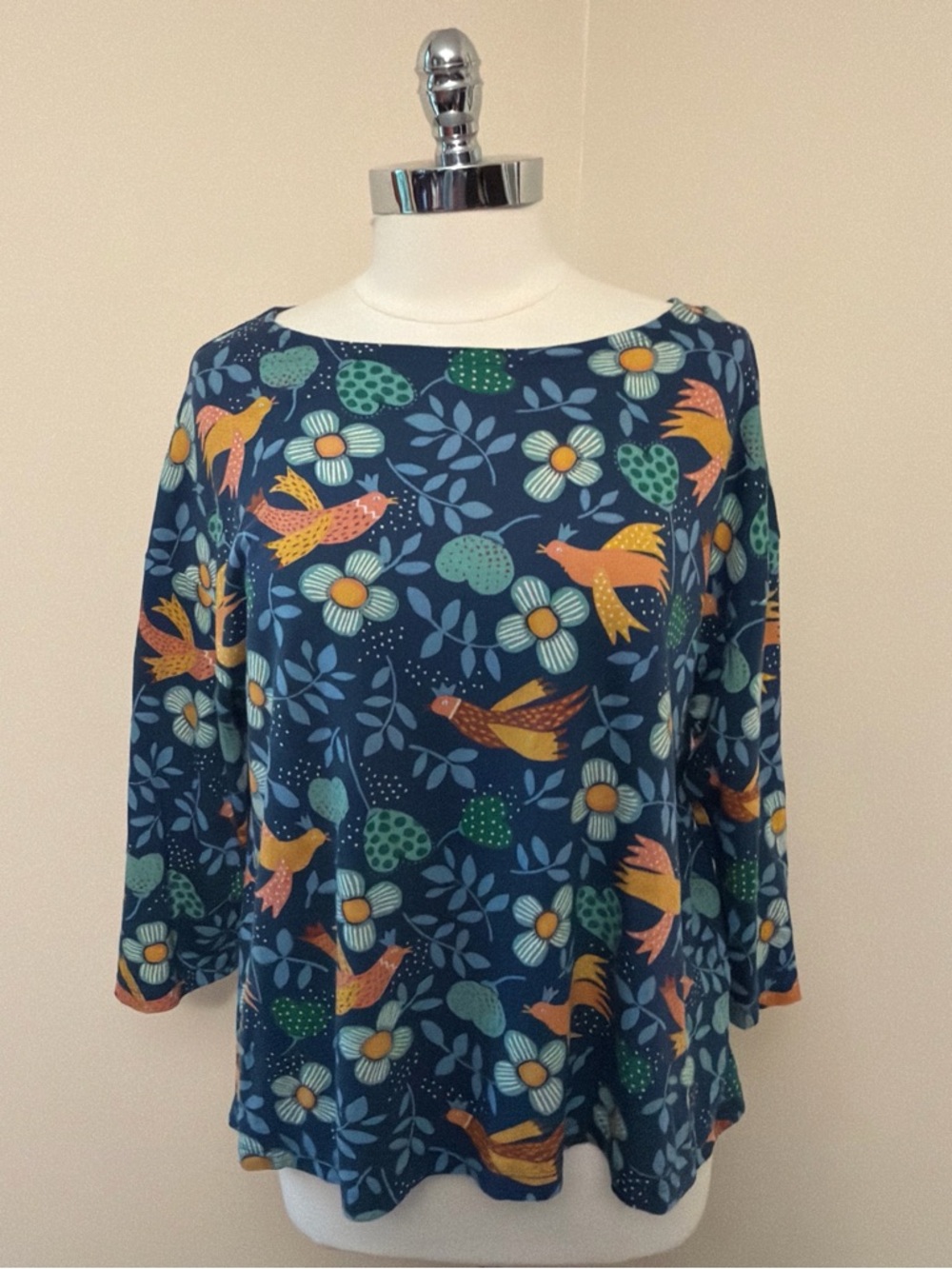 Gudrun Sjõdén Blue Floral and Bird Print Organic Cotton Top L